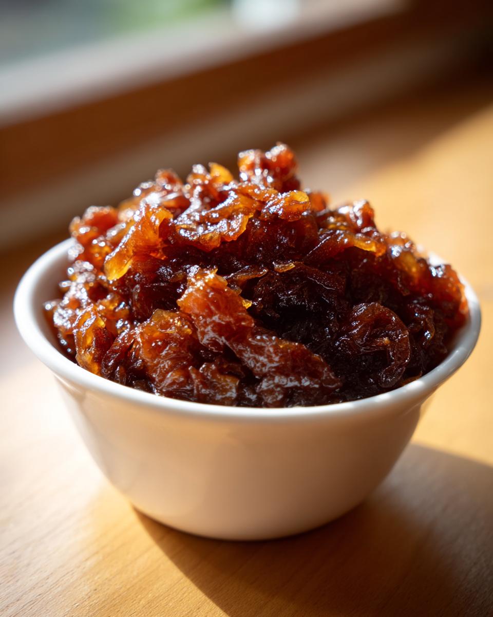A close-up of deeply rich, brown caramelized onions piled high in a small white bowl.