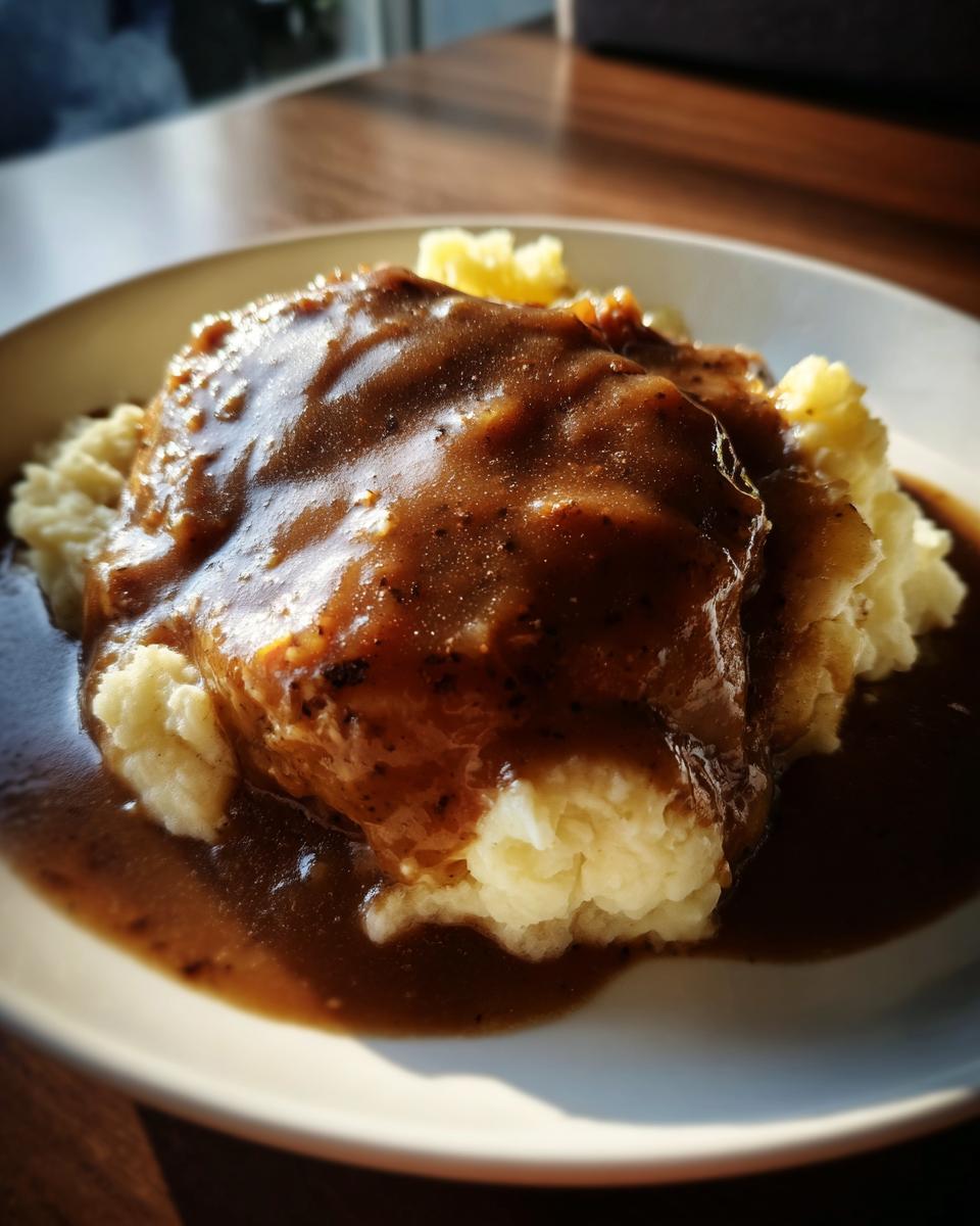 Close-up of creamy mashed potatoes smothered in rich, dark chicken gravy.