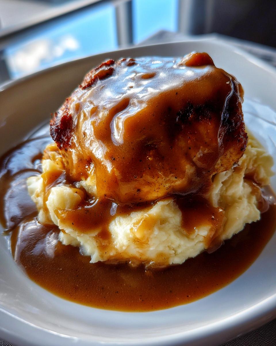 Close-up of a piece of meat generously topped with thick, rich chicken gravy served over mashed potatoes.