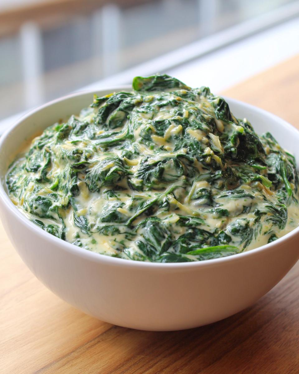 A close-up of rich, homemade creamed spinach recipe served generously in a white bowl on a wooden surface.