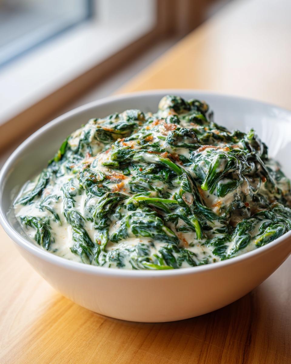 A close-up of rich, decadent creamed spinach recipe served in a white bowl on a wooden surface.