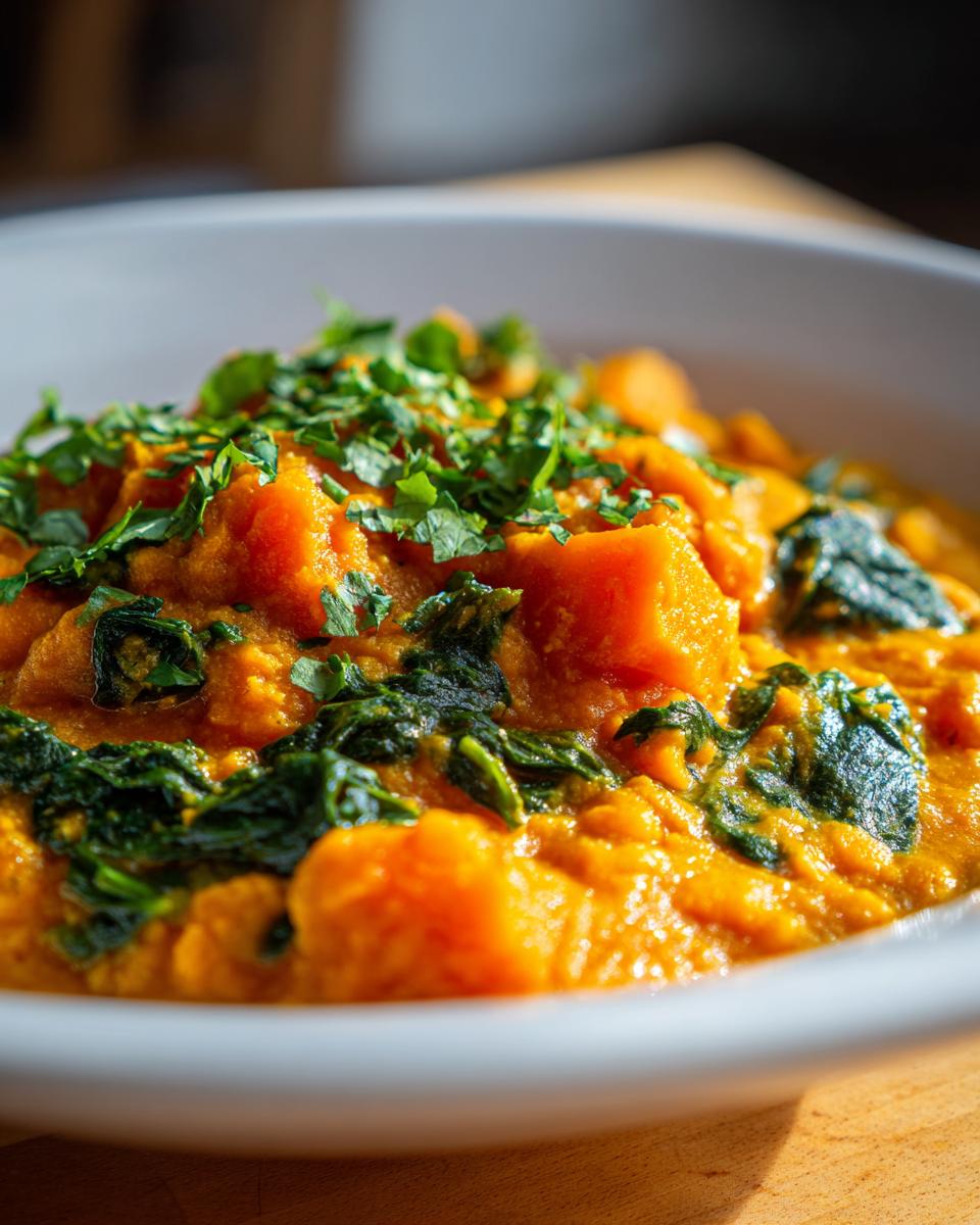 A close-up of a vibrant orange pumpkin curry served in a white bowl, topped with wilted spinach and fresh chopped cilantro.