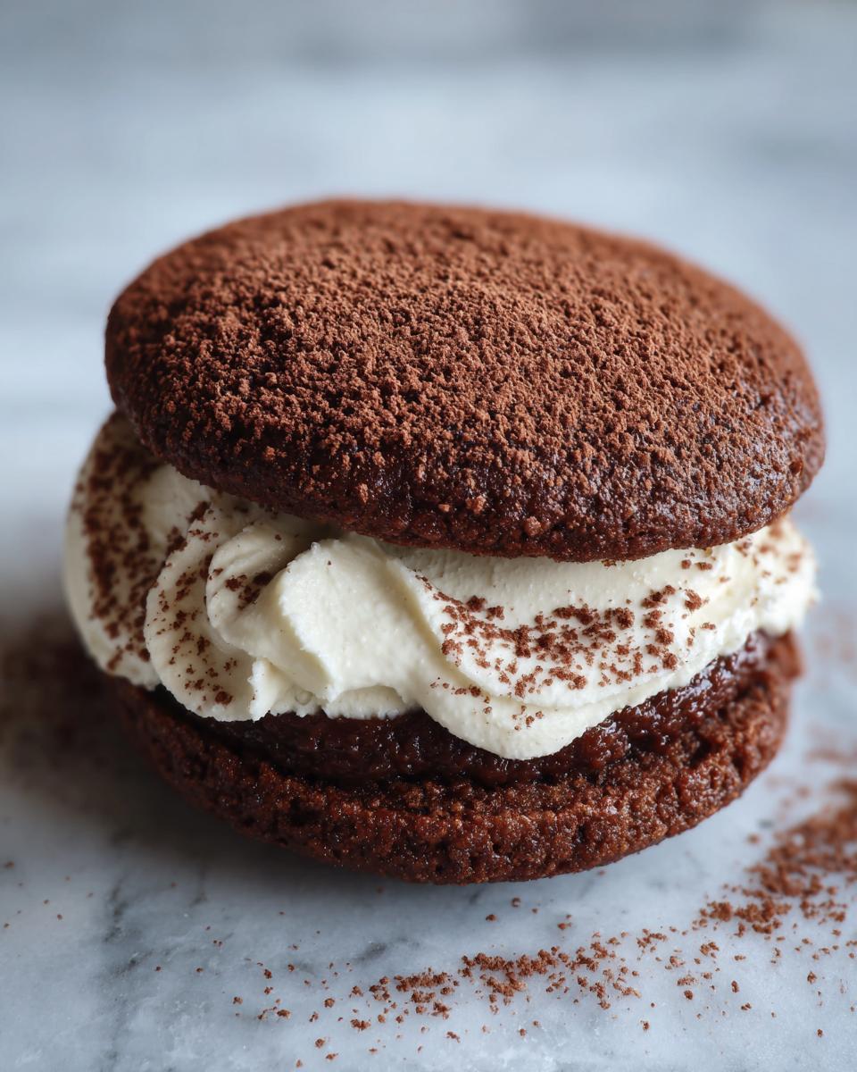 A decadent tiramisu cookies sandwich featuring dark chocolate cookies filled with cream and dusted heavily with cocoa powder.
