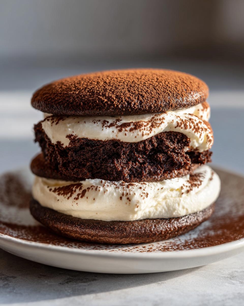 A decadent stack of homemade tiramisu cookies filled with thick mascarpone cream and dusted heavily with cocoa powder.
