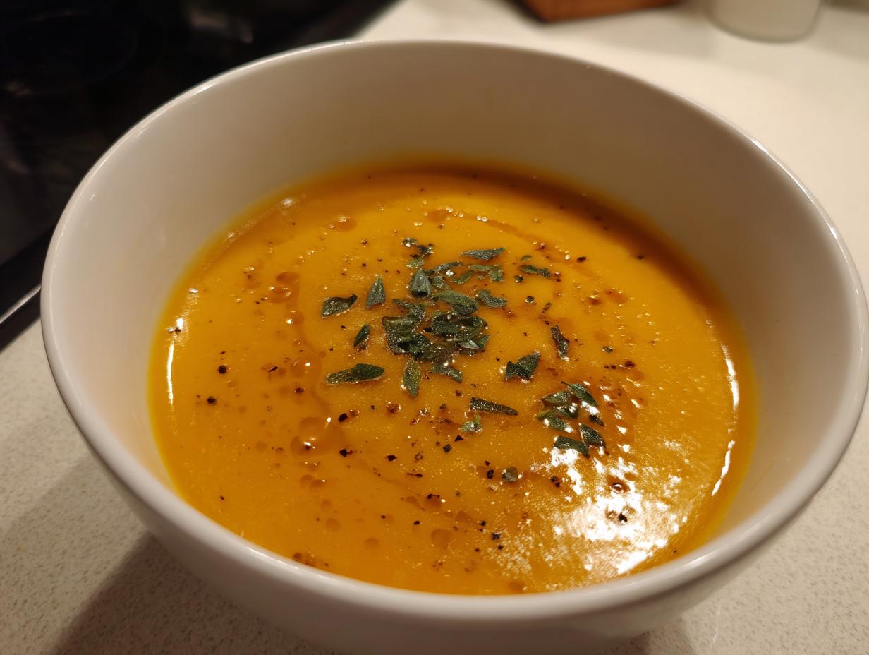 A close-up of creamy roasted butternut squash soup, garnished with herbs and oil droplets.