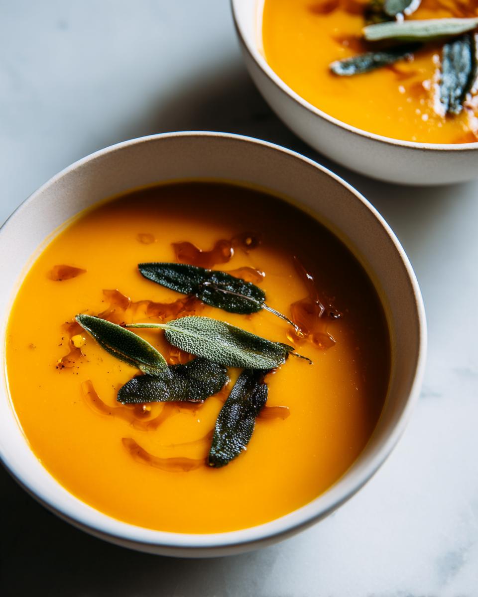 Close-up of vibrant orange roasted butternut squash soup garnished with crispy sage leaves and brown butter.