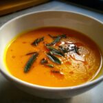 Close-up of bright orange roasted butternut squash soup topped with fresh sage leaves and olive oil.