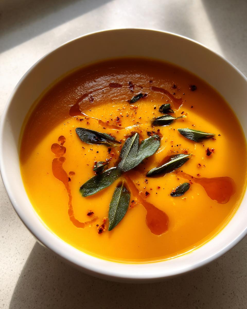 Close-up of bright orange roasted butternut squash soup topped with crispy sage leaves and chili oil.