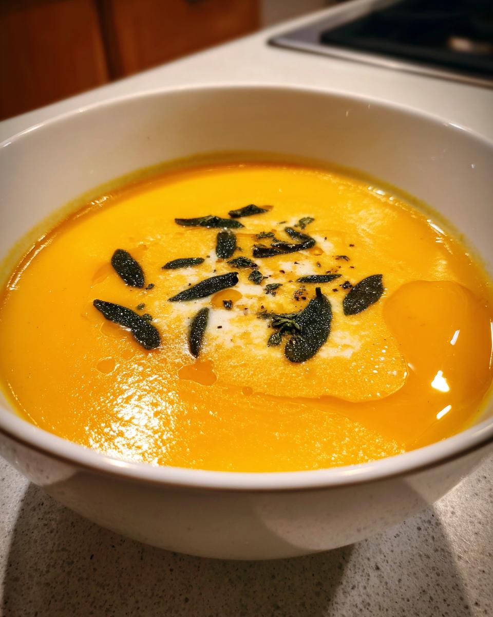 Close-up of vibrant orange roasted butternut squash soup topped with cream, crispy sage leaves, and pepper.