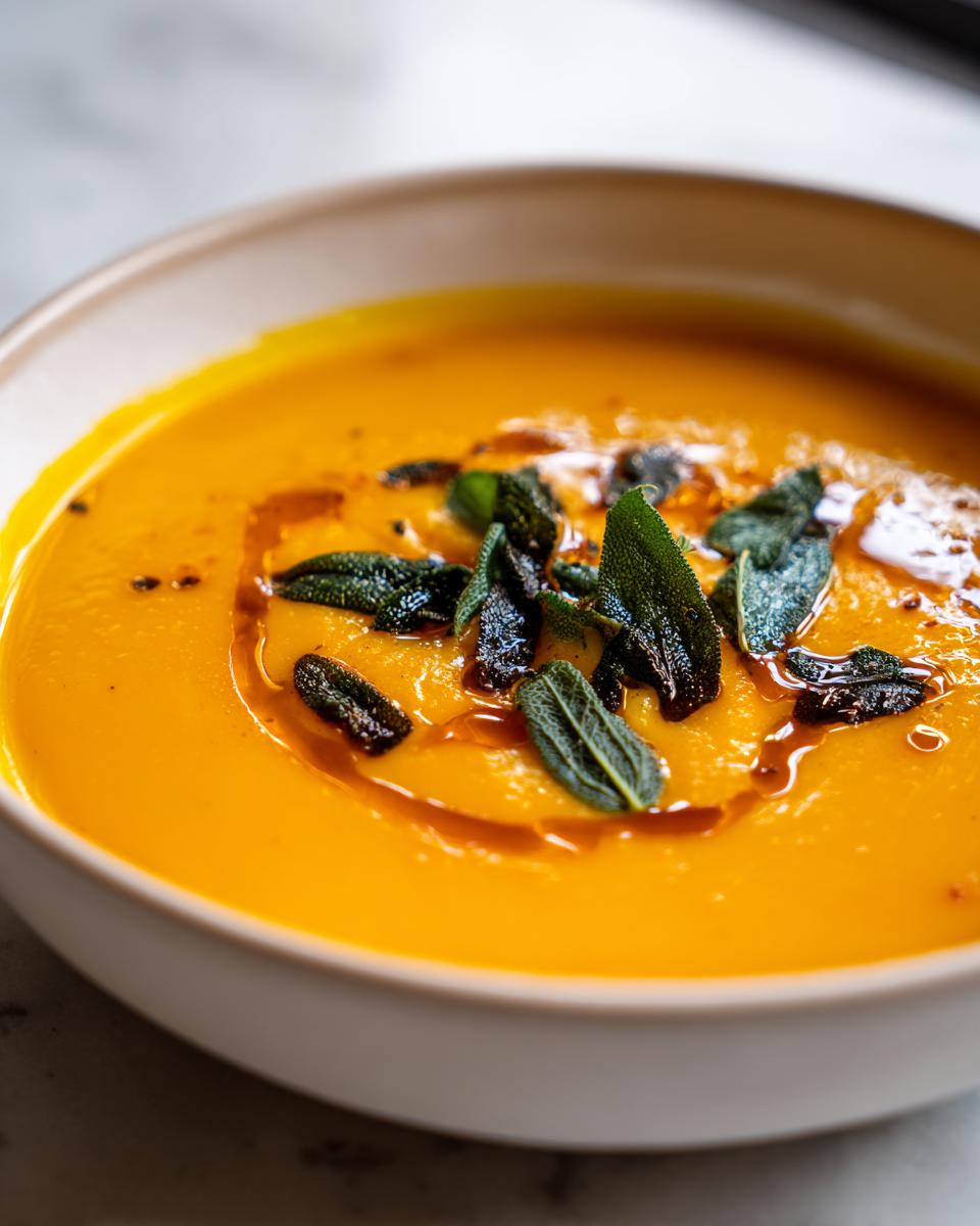 Close-up of vibrant orange roasted butternut squash soup topped with crispy sage leaves and brown butter swirl.