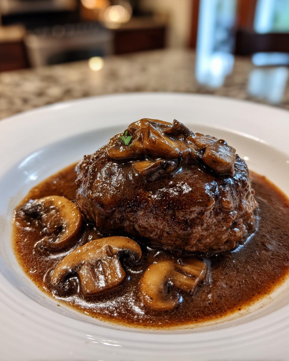 A close-up of a perfectly cooked Salisbury steak smothered in rich brown mushroom gravy.