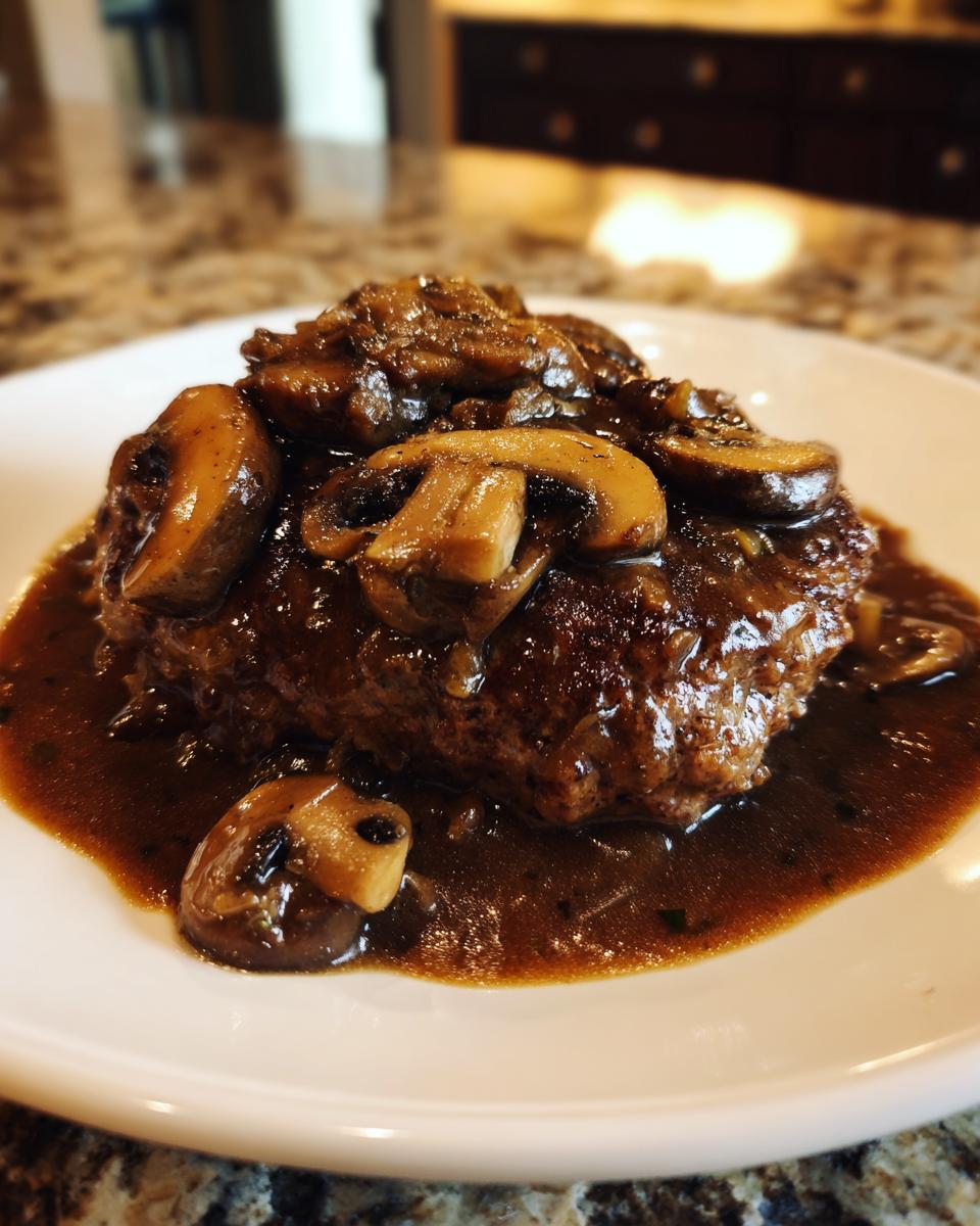 A close-up of a juicy salisbury steak smothered in rich brown mushroom gravy, served on a white plate.
