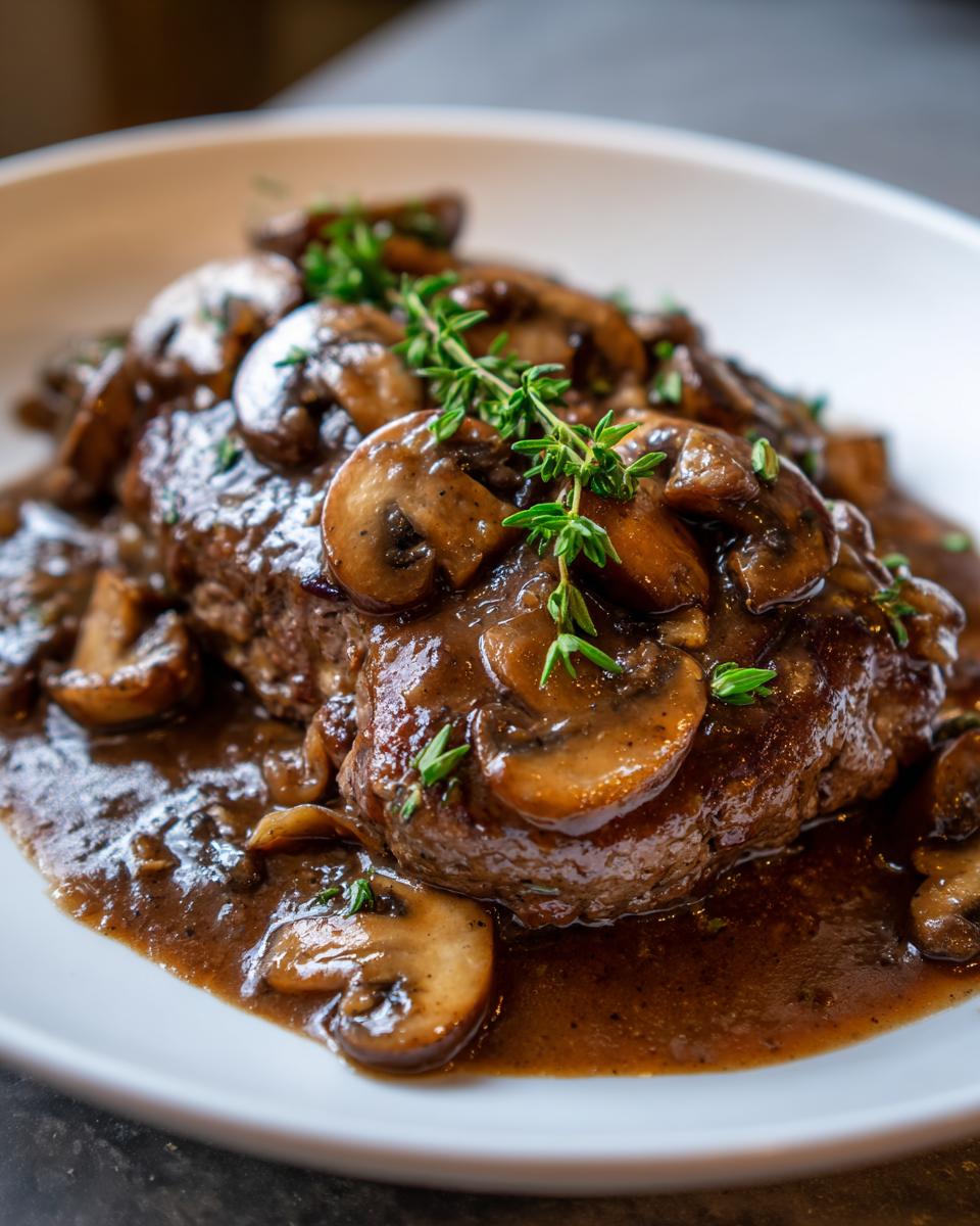 Close-up of a juicy Salisbury steak smothered in rich brown mushroom gravy and garnished with fresh thyme.