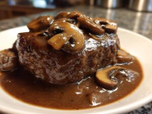 A close-up of a juicy Salisbury steak smothered in rich brown mushroom gravy.