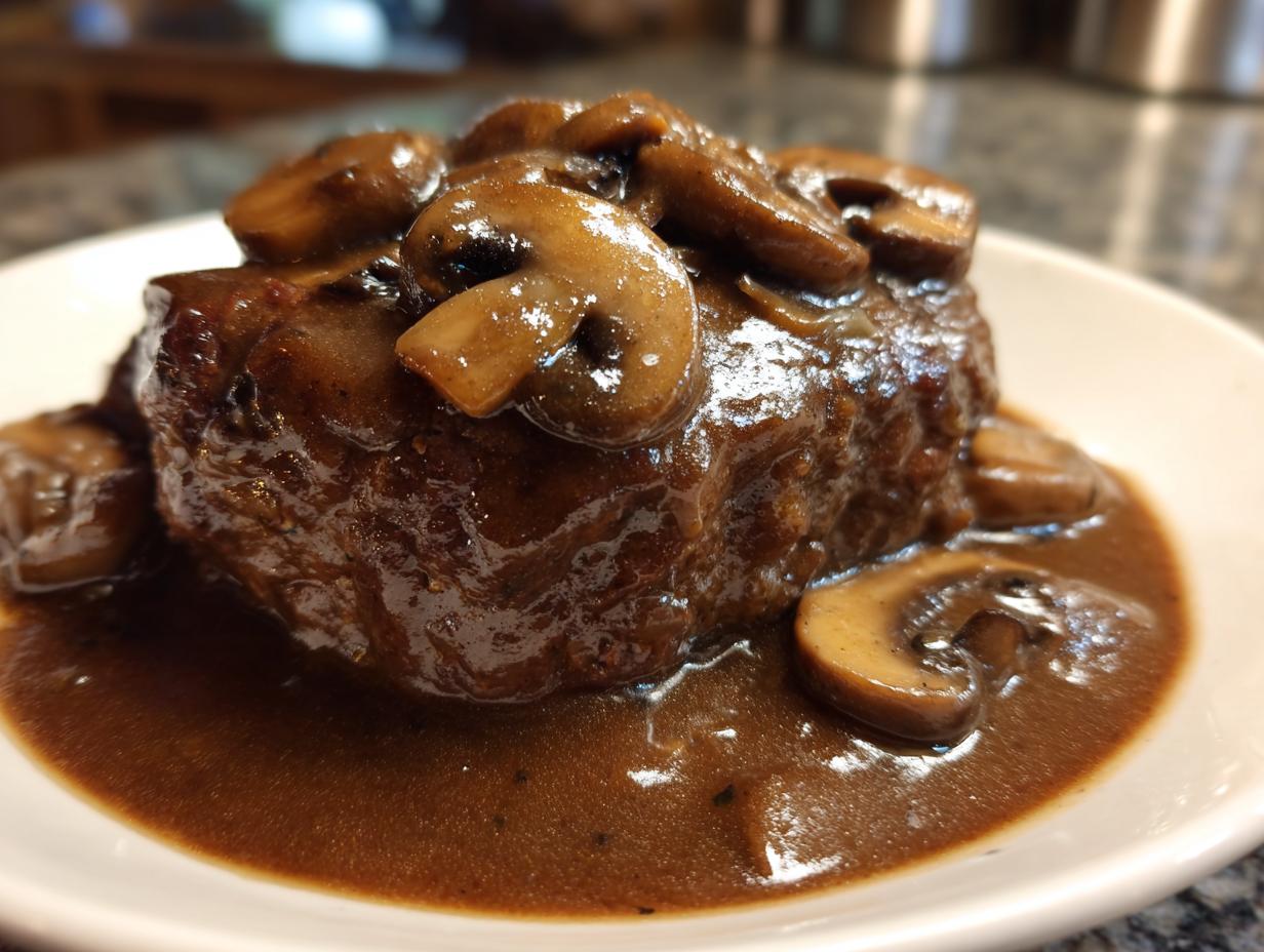 A close-up of a juicy Salisbury steak smothered in rich brown mushroom gravy.
