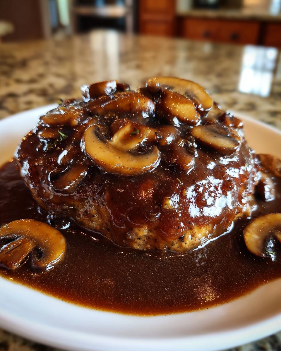 A close-up of a juicy salisbury steak smothered in rich brown mushroom gravy.