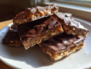Close-up of stacked pieces of rich saltine cracker toffee topped with melted chocolate.