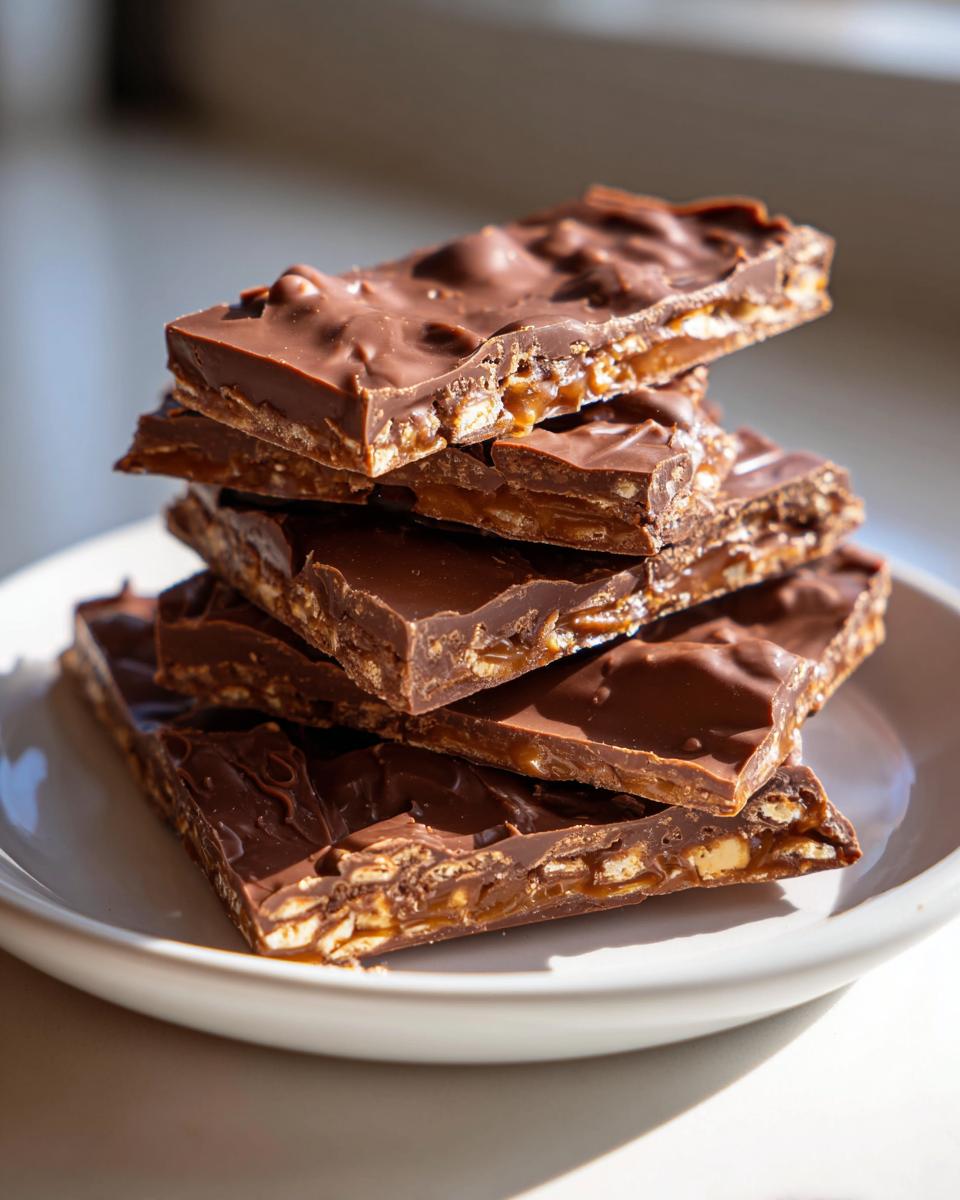 A stack of rich, chocolate-covered saltine cracker toffee bars resting on a white plate.