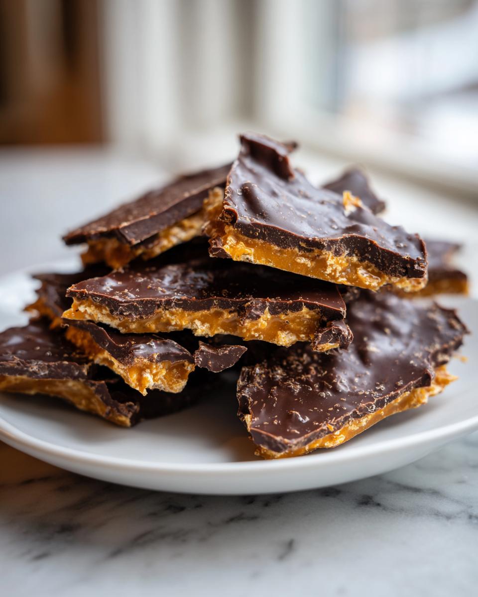 Close-up of broken pieces of saltine cracker toffee stacked on a white plate, showing the caramel and chocolate layers.