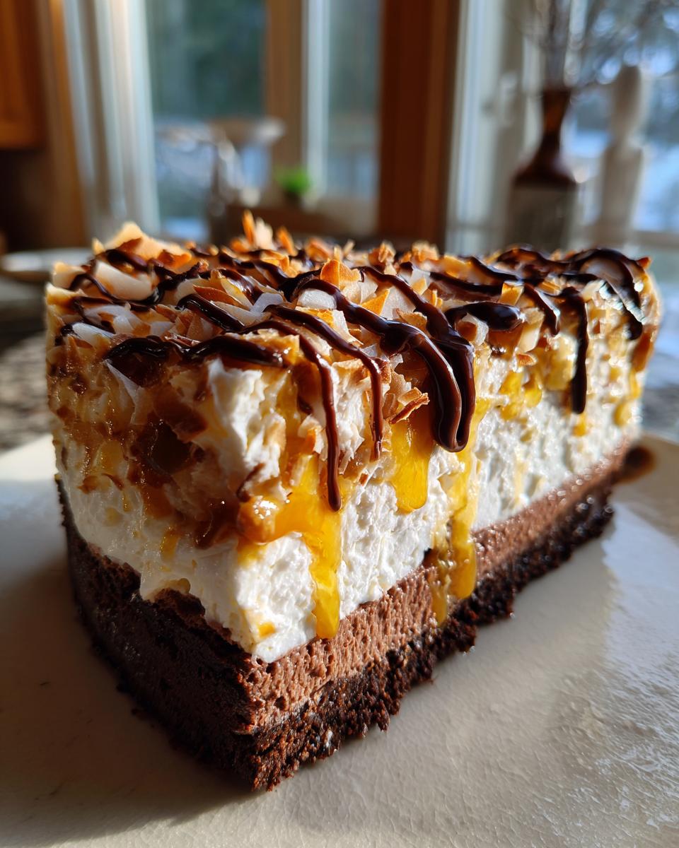 A tall slice of Samoa Cheesecake featuring a dark crust, chocolate layer, whipped topping, caramel, and chocolate drizzle.