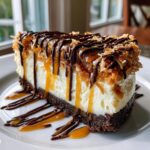 A rich slice of Samoa Cheesecake featuring a dark crust, creamy filling, toasted coconut, and drizzles of caramel and chocolate.