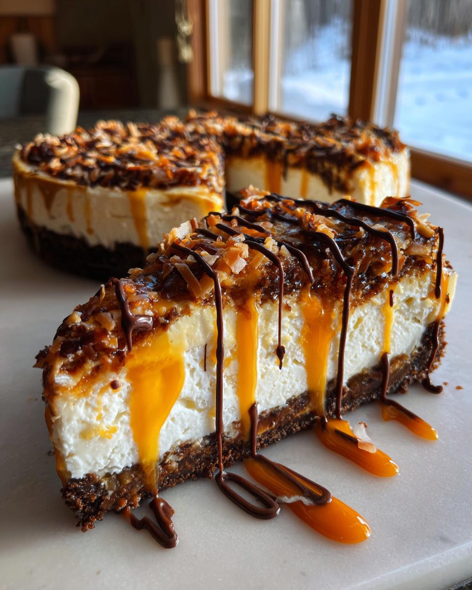 Close-up of a slice of Samoa Cheesecake topped with toasted coconut, caramel, and chocolate drizzle.