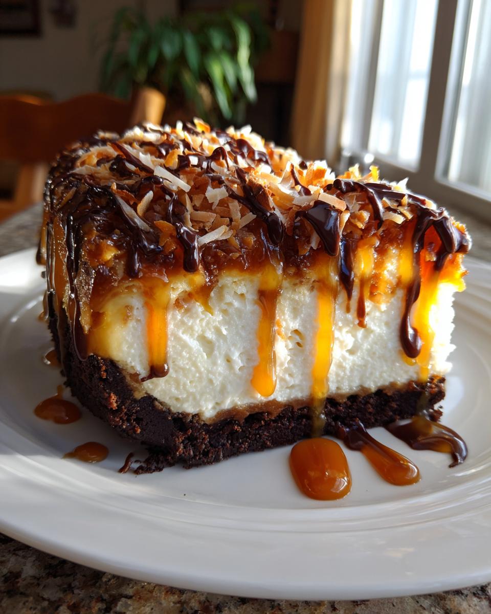 A thick slice of Samoa Cheesecake on a white plate, dripping with caramel and chocolate sauce and topped with toasted coconut.