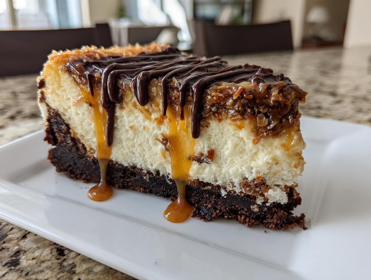 A perfect slice of Samoa Cheesecake featuring a brownie crust, creamy filling, toasted coconut topping, and drizzled with chocolate and caramel.