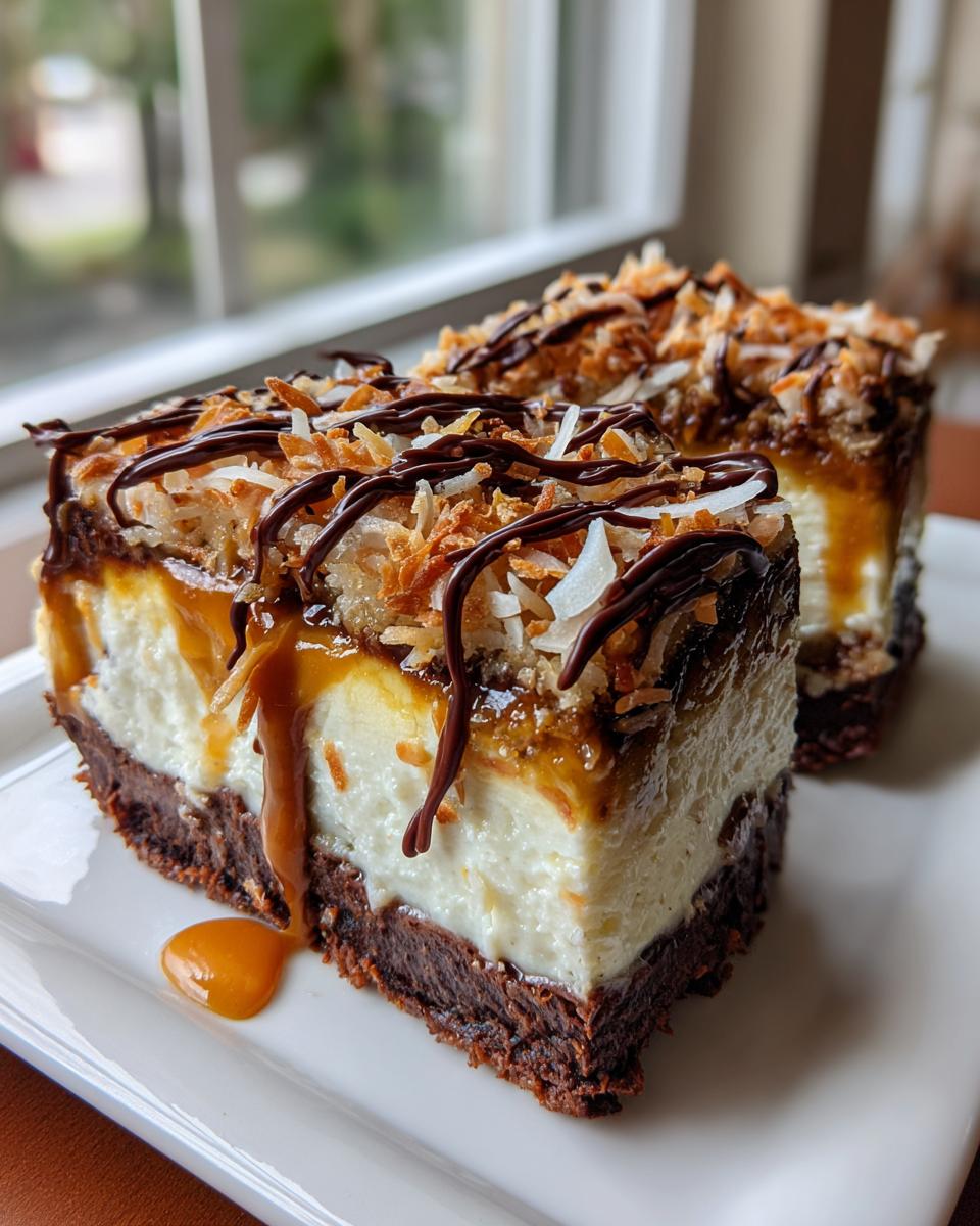 Two slices of rich Samoa Cheesecake on a white plate, featuring a brownie base, creamy filling, toasted coconut, and chocolate drizzle.