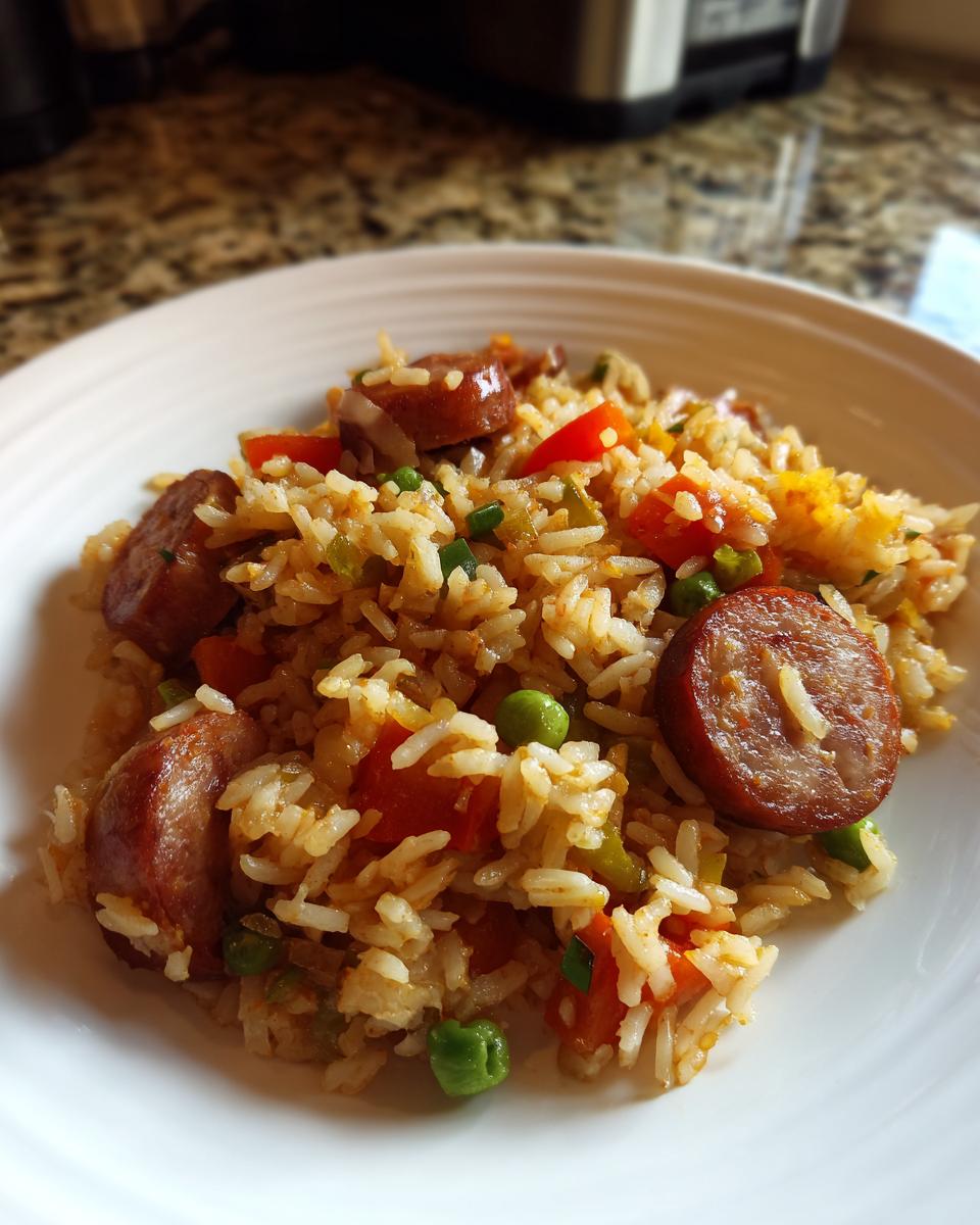 A close-up of a serving of flavorful sausage and rice mixed with peas and diced tomatoes on a white plate.