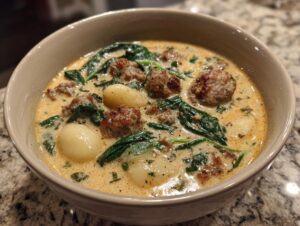 A close-up of a hearty bowl of creamy sausage gnocchi soup featuring browned sausage pieces and wilted spinach.