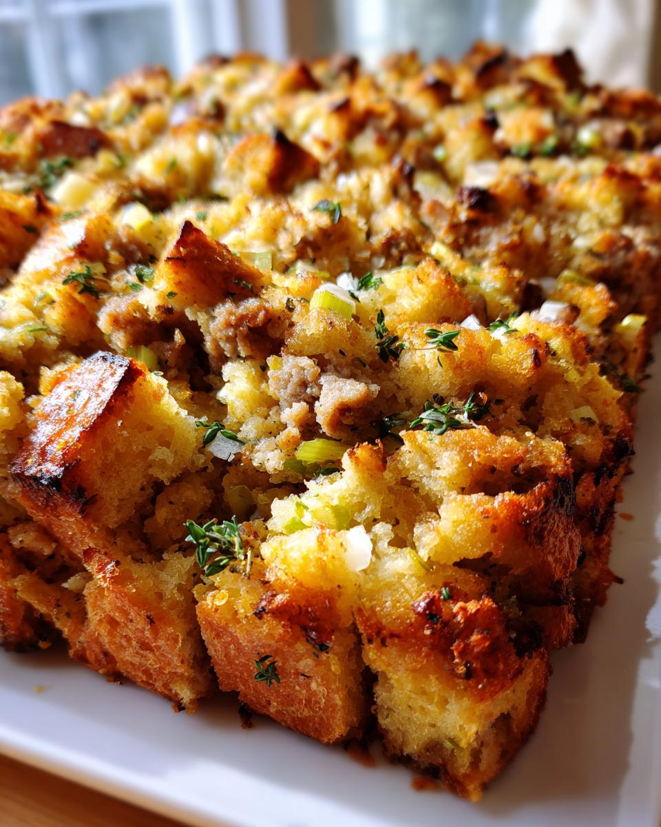 Close-up of a freshly baked, golden brown sausage and herb stuffing with crispy edges.