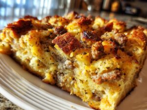 A close-up of a moist slice of savory sausage stuffing, featuring browned bread cubes and herbs.