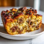 A close-up of a hearty slice of sausage stuffing showing a golden, crispy top and savory filling.