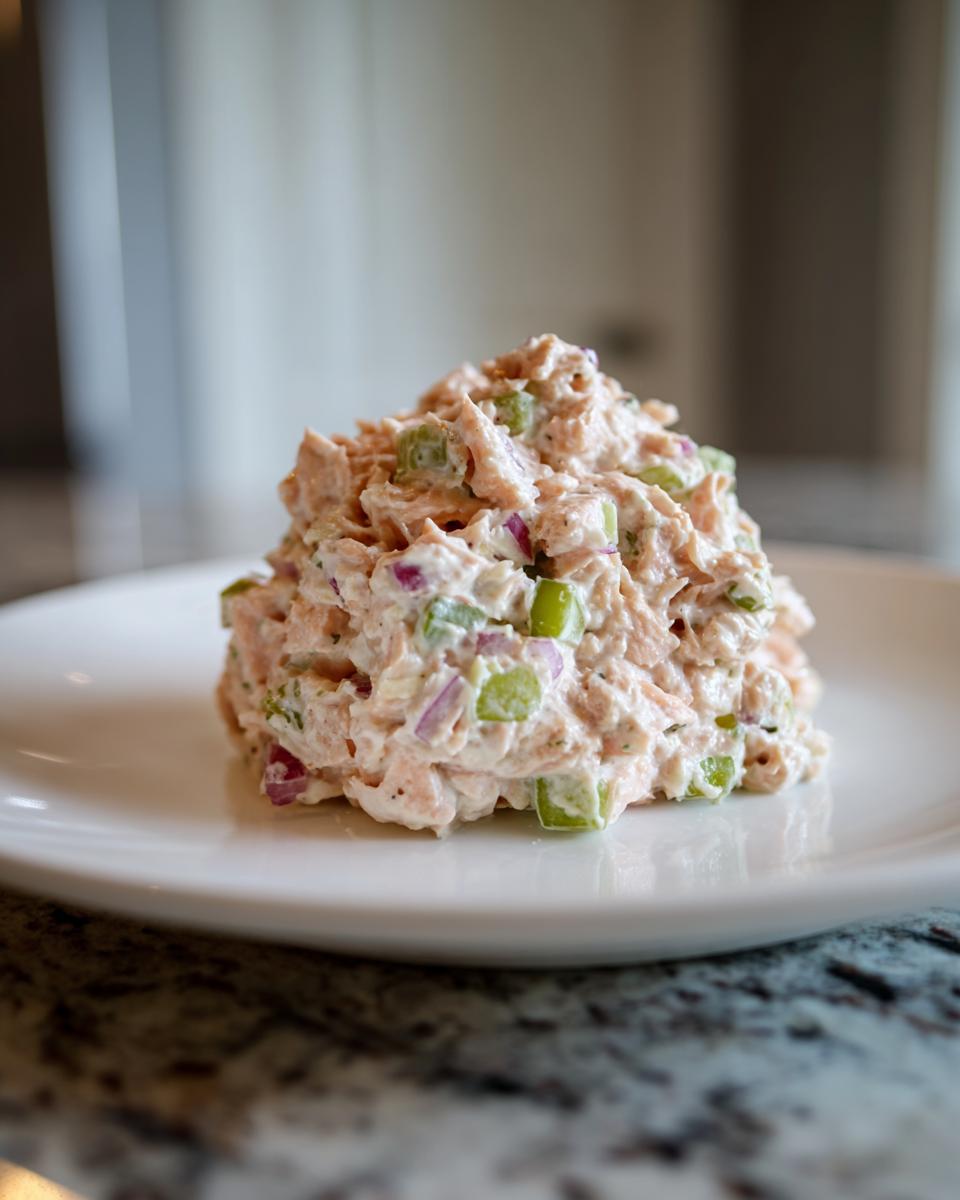 A mound of creamy salmon salad mixed with diced celery and red onion served on a white plate.