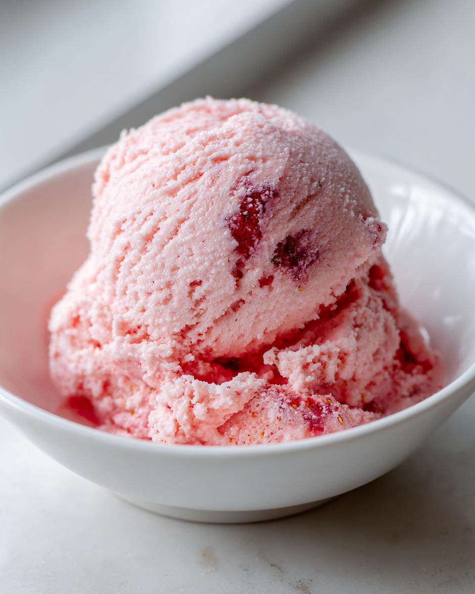 A perfect scoop of bright pink strawberry ice cream with visible fruit pieces, served in a white bowl.