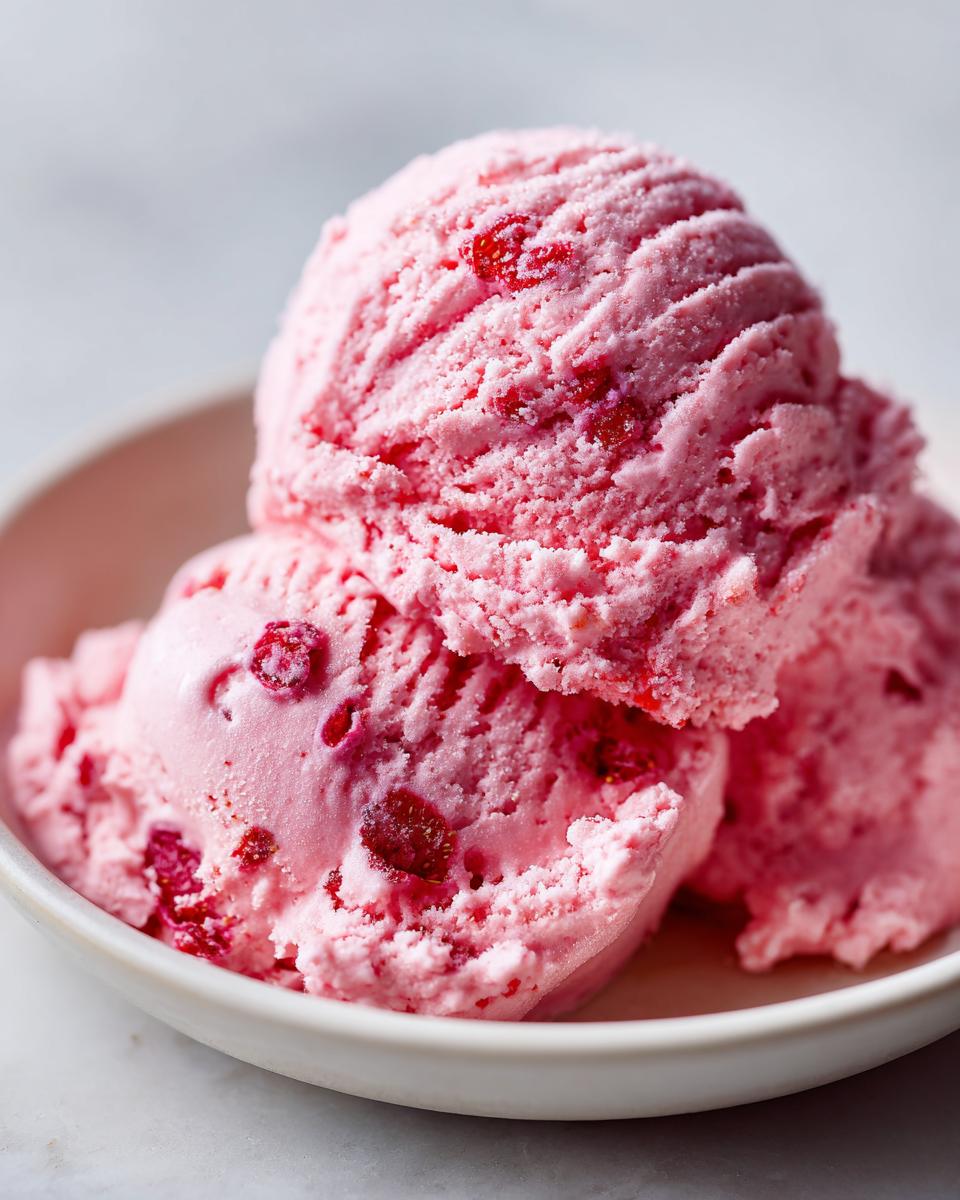 Close-up of three scoops of pink, homemade strawberry ice cream with visible fruit pieces in a white bowl.