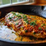A golden-brown, pan-seared garlic parmesan chicken breast topped with fresh parsley in a rich, bubbly sauce.