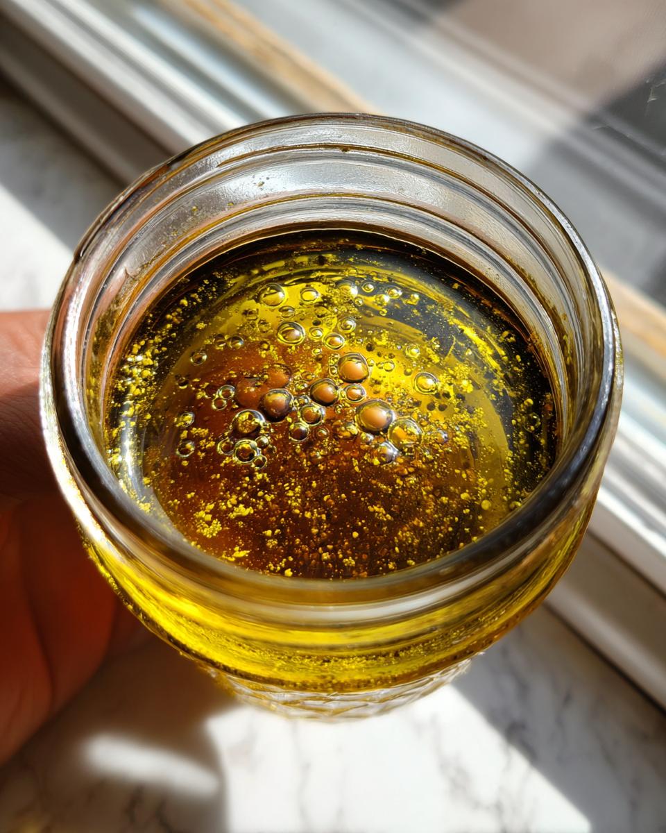 Close-up overhead view of separated oil and dark liquid in a jar, showing bubbles, likely an unmixed salad dressing.