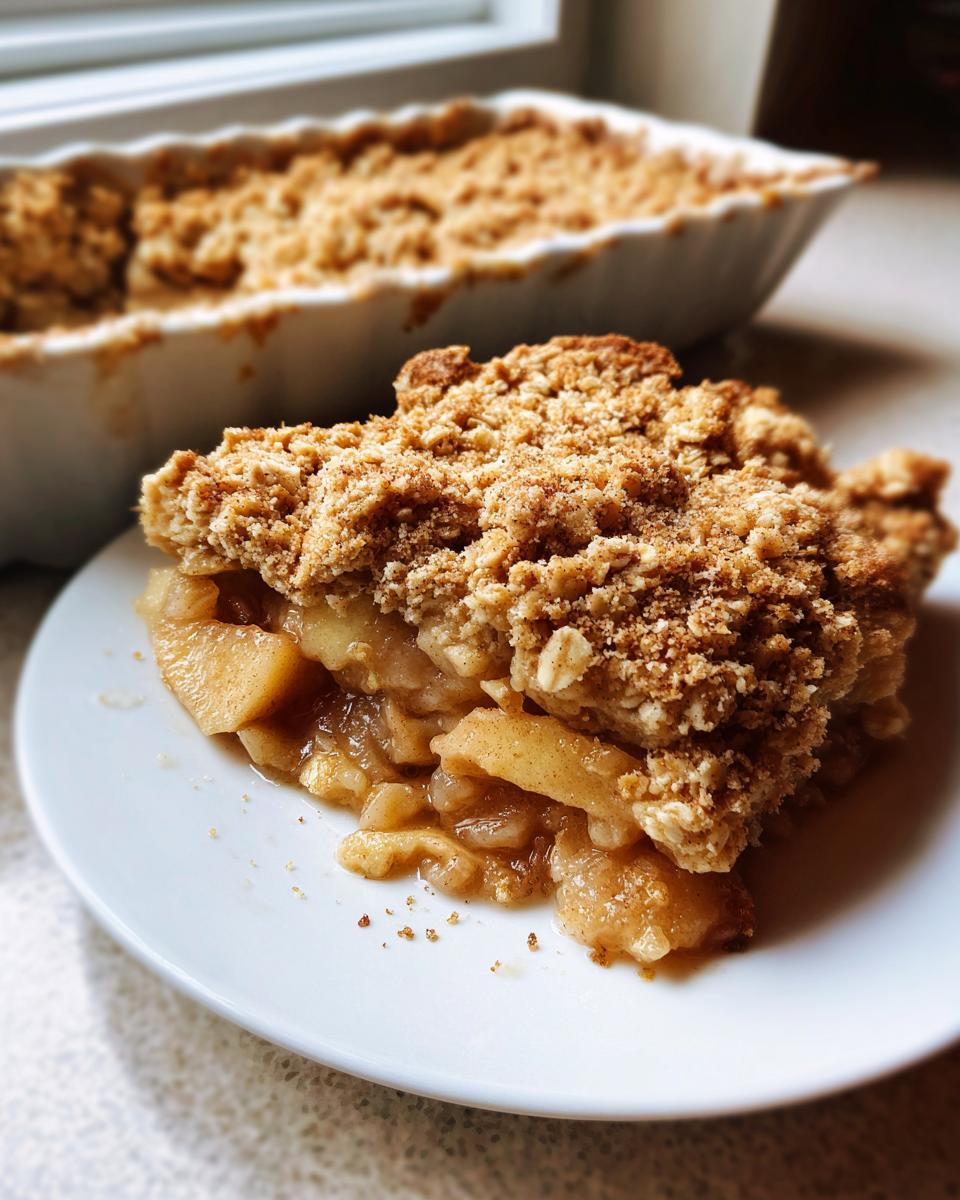 A close-up of a warm slice of apple crisp on a white plate, showing baked apples and a thick oat crumble topping.