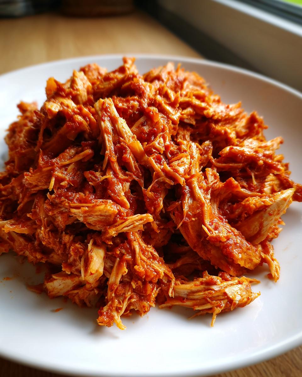 Close-up of richly sauced, shredded chicken tinga piled high on a white plate.
