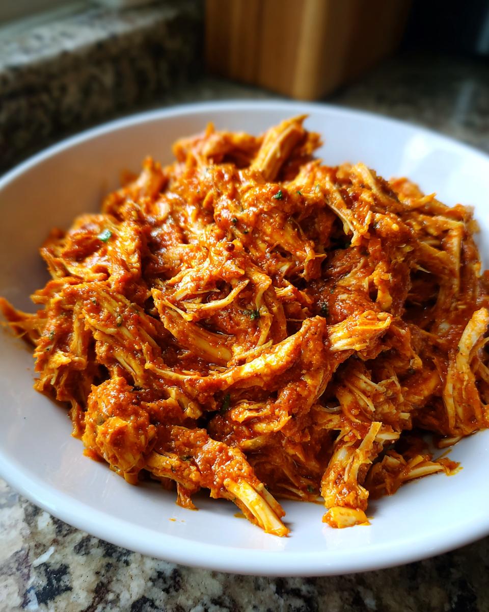 Close-up of shredded chicken tinga coated in a vibrant, rich red, smoky sauce served in a white bowl.