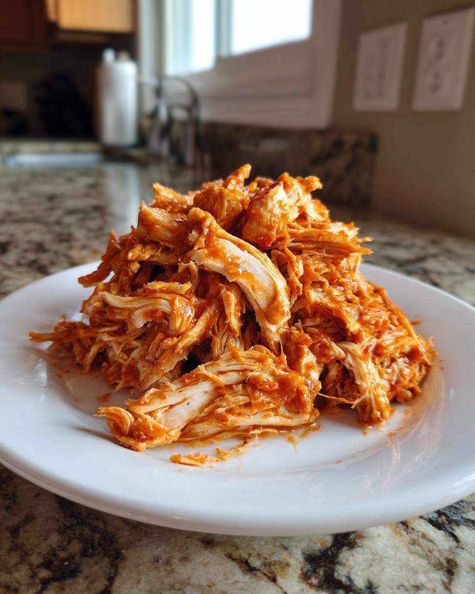 A mound of saucy, shredded chicken tinga piled high on a white plate, ready for serving.
