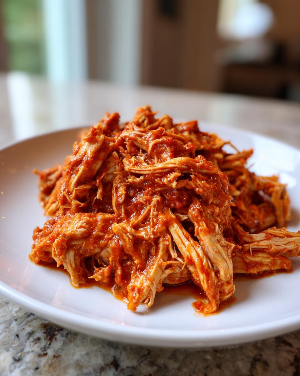 A mound of saucy, shredded chicken tinga piled high on a white plate.