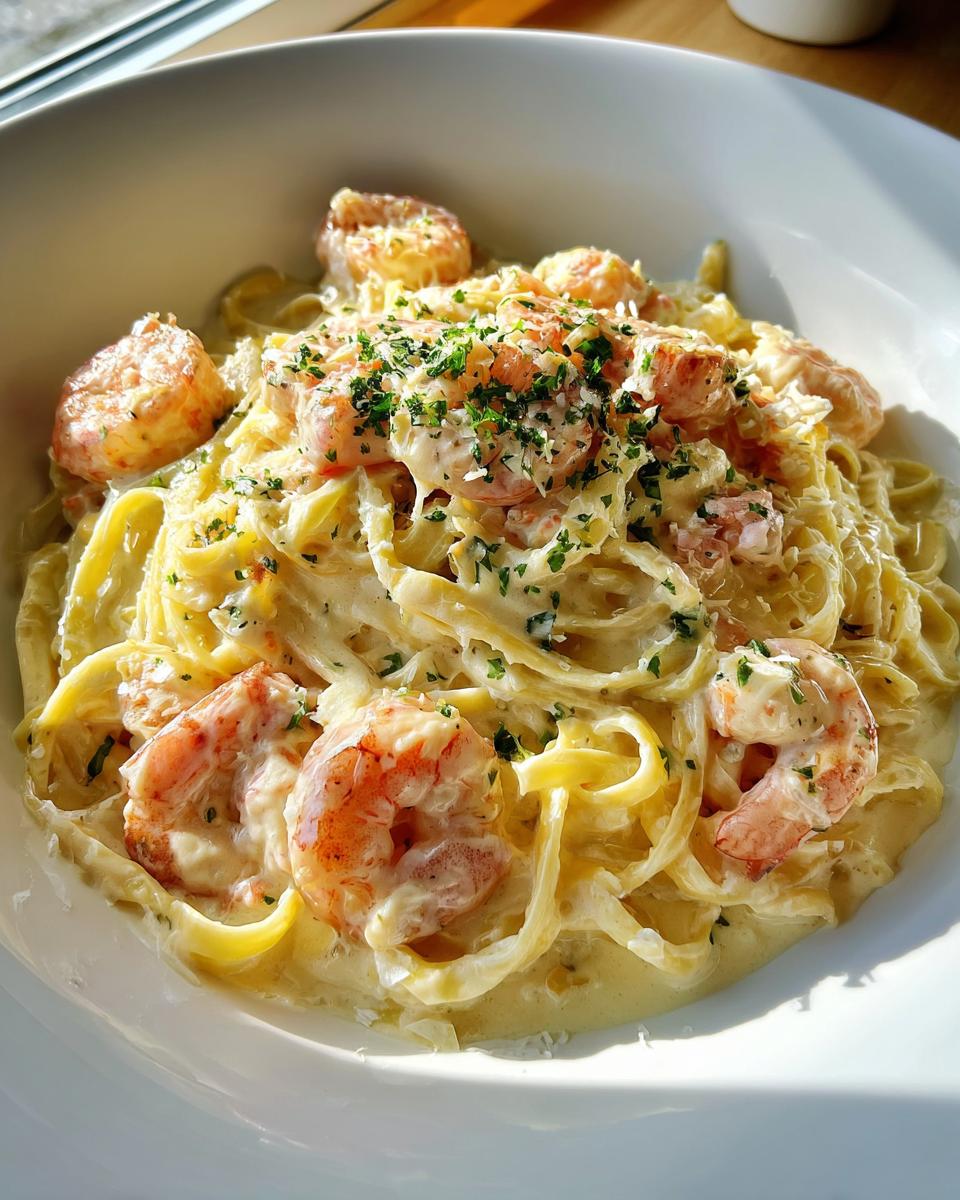 A close-up of creamy shrimp alfredo pasta topped with grated cheese and fresh parsley.