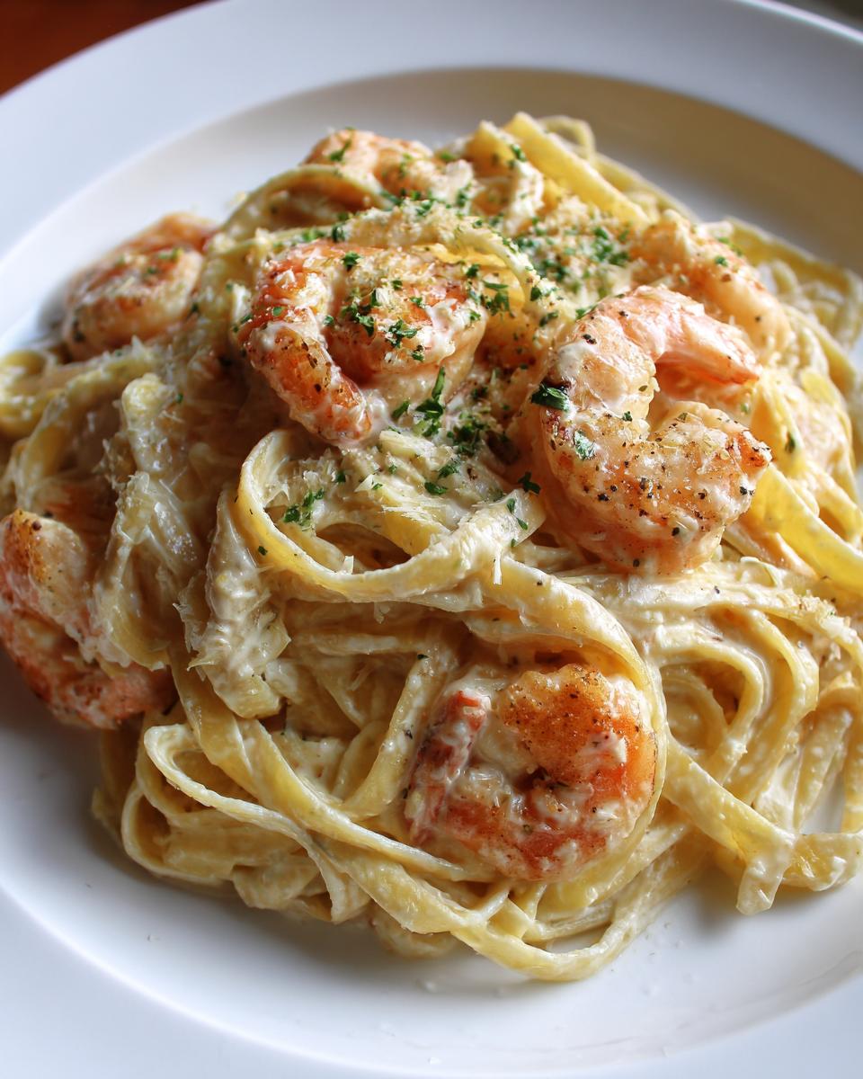 Close-up of creamy shrimp alfredo pasta, featuring plump shrimp tossed in rich white sauce and sprinkled with parsley.