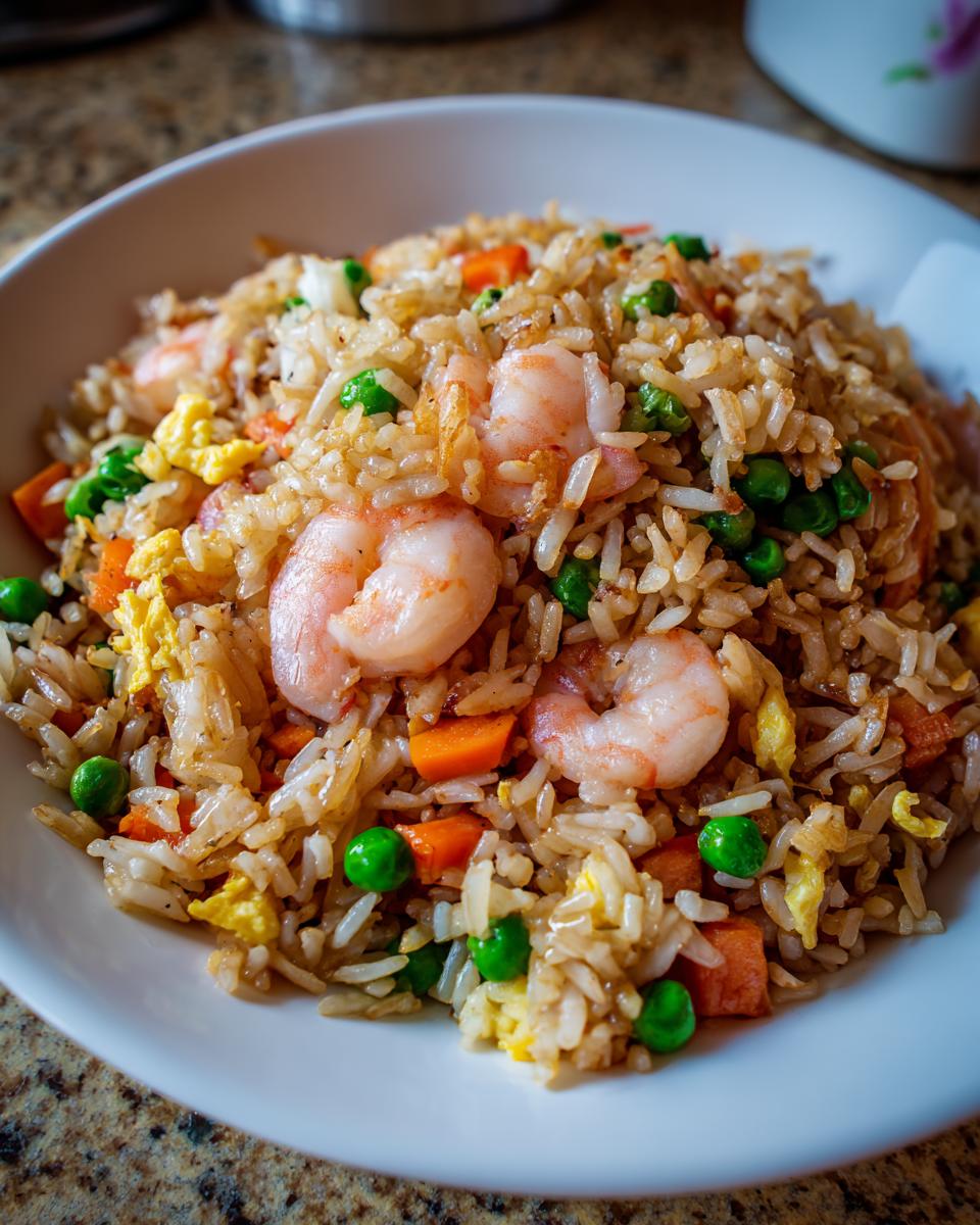 A close-up, appetizing view of homemade shrimp fried rice featuring plump shrimp, peas, carrots, and scrambled egg.