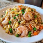 A close-up shot of a white plate filled with savory shrimp fried rice, featuring plump shrimp, scrambled egg, peas, and carrots.