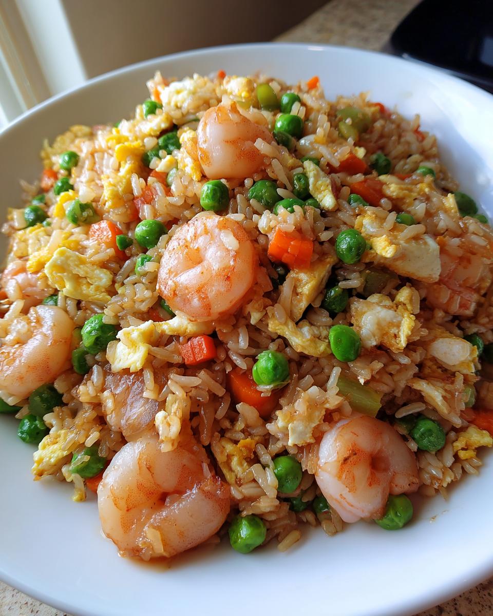 A close-up serving of vibrant shrimp fried rice mixed with peas, carrots, and scrambled egg pieces.