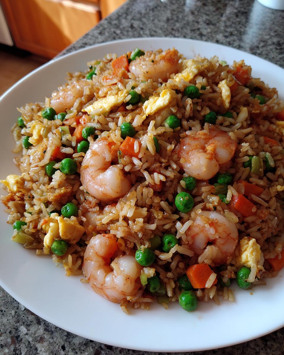 A close-up of a white plate piled high with homemade shrimp fried rice, featuring plump shrimp, peas, carrots, and scrambled egg.